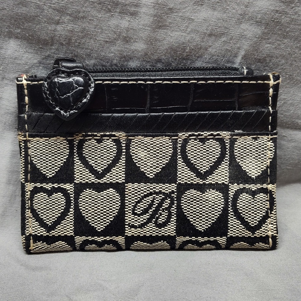 Brighton Zip Top Card Case Holder Wallet Black Grey Heart Canvas
